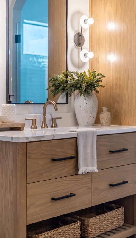 Oak bathroom vanity with open basket storage by Mastery Cabinetry
